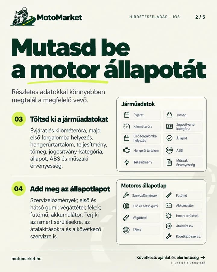 MotoMarket iPhone app: járműadatok és állapot megadása