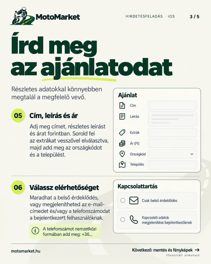 MotoMarket iPhone app: ajánlat és elérhetőség megadása